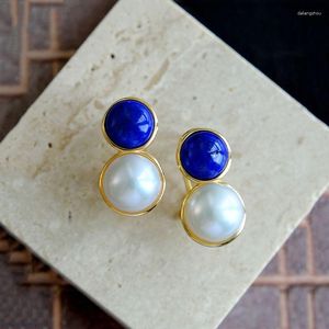 Brincos de garanhão original minimalista Lapis lazuli pérola redonda para mulheres clássicas clássicas luxuosas de luxo azul jóias de festas azuis