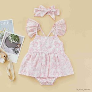 Flickans klänningar Baby Girl Romper/Girl Dress Cartoon Rabbit Print Design ärmlös ruffle Hem Cute Dress Jumpsuit Summer Outfit R230815
