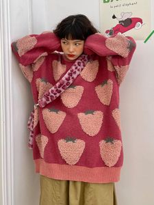 Kvinnors tröjor y2k stickad tröja mode vintage vinter tjock pullover överdimensionerad långärmad jordgubbe tryck leisure hajuku topp