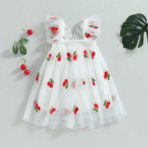 Kız Elbiseleri Çocukların Sevimli Kabarık Peri Elbise Kızlar Mesh Askı Elbise Kiraz Baskı Kelebek Kanatları Doğum Günü Prenses Dresse