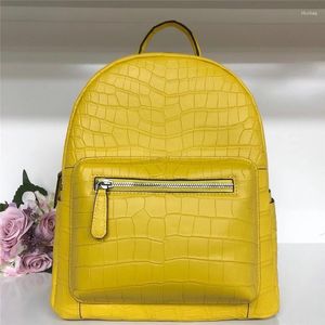 Школьные сумки подлинные настоящие истинные крокодиловые кожа Женщина желтая сумочка Леди рюкзак на искренний аллигатор кожаные женщины