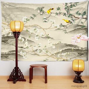 Tapestries Chinese Style Flower Bird Print Large Wall Tapestry Peach Blossom Blossom Wall Hanging Art Carpet Tapestry R230815