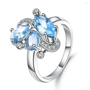 Klaster Pierścienie Balet klejnot 925 srebrny Trendy Trendy Stone Pierścień 3.03CT Naturalny Szwajcarski Blue Topaz Butted Biżuteria dla kobiet