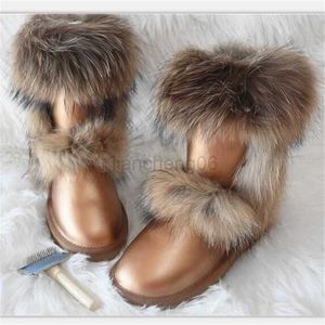 Dress Shoes New 2022 Waterproof Leather Fox Fur Ladies Winter Snow Boots Women's Shoes Leather Natural Trendy Shoes Mid-tube Warm Snow Boots X230519