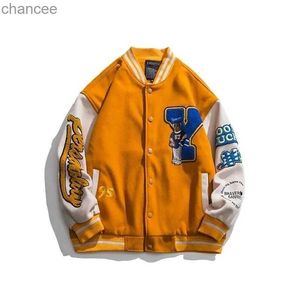 Männer Varsity Bomber Jacke Orange Blue Plush Bär Stickerei Frauen übergroß