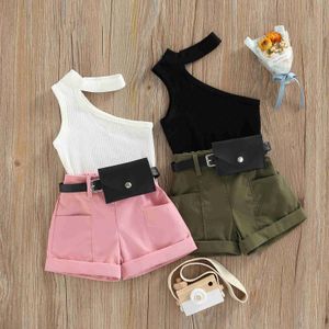 Conjuntos de roupas infantis crianças bbay menina tanques colete tops shorts bolsa de cintura bolsos decoração estilo casual roupas de verão