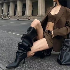 Stivali alti in coscia nera sexy tacchi a spillo da donna in pelle sopra gli stivali del ginocchio con punta di punta di grandi dimensioni scarpe di grandi dimensioni