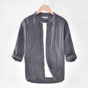Koszule męskie najwyższej jakości pasiaste lniane mężczyźni na wpół rękawie letnie oddychanie czysta sukienka lniana koszula męska camisas topy ts-606