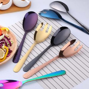 Flatvaror sätter stora serveringsskedsked och gaffel set i rostfritt stål färgglada långhandtagsredskap för festrestaurangverktyg