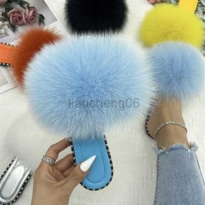 Slippers Women Luxury Natural Fur Slides Ladies Summer s House Slippers Real Fox Fur Outdoor Woman Furry Flats Sandals Flip Flops X230519