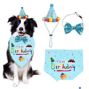 Dog Apparel Pets Birthday Decorate Articles Three Piece Set Scarf Hat Triangle Towel Pet Party Ornament Accessories 1Y T2 Drop Deliv Dhrjh