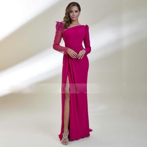 Luxury Beaded Straight Evening Dresses Sequined Chiffon Side Split Formal Gown V Cut Back Sweep Train Robe De Novia
