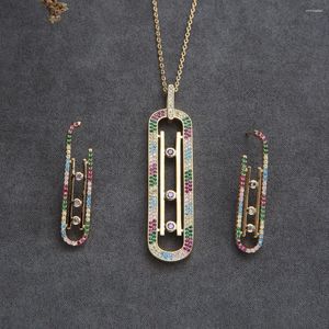 Pendant Necklaces S925 Silver Needle European Style Colorful Zircon Long Earrings Set With Zirconi Paper Clip Exaggerated For Women