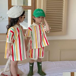 Clothing Sets 5667C Brother And Sister Clothes 2023 Summer Korean Children S Striped Knit Suit Girl Shirt Dress Or Boy Two Piece Dro Dhume