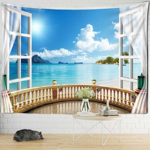 Tapestries Sunset Seaside Window Landscape Painting Tapestry Wall Hanging Hippie Art Aesthetics Room Decor