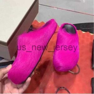 Slippers Fashion Fur Slippers Women Round Toe Horse Hair Slides Female Mohair Black Rose Red Green Shoes Flat Half Slipper Woman Casual plush shoes 37 39 38 J230815