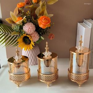 Storage Bottles Gold Openwork Art Decor Candy Jar Glass Jewelry Box With Lid Metal Dried Fruit Bottle Vase Home Decoration