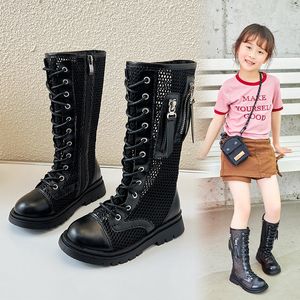 Boots Summer Kids Fashion Versatile Casual Girls High Hollow Breatheable 2023 Cool Princess Children Shoe for Catwalk Korean 230814