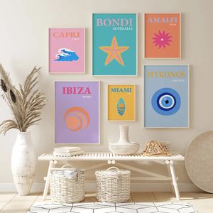 Canvas målar Miami Beach Ibiza Capri Bondi Mykonos Wall Art Nordic Starfish Waves Affischer and Prints Wall Pictures for Living Room Decor Wo6