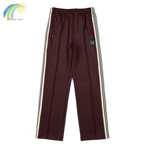 Mens Pants Casual High Quality Needles Trousers Men Women Webbing Striped Sweatpants Butterfly Embroidery Classic Brown 230815