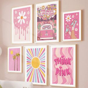 Leinwand Malmalerei Daisy Blumenstrand Auto Sonnenscheinplakate Palmpilze Abstrakte Drucke Wandkunst Bilder rosa Mädchen Schlafzimmer Wohnzimmer Dekor wo6