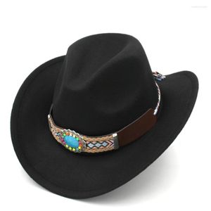 BERETS MISTDAWN 2023 Fashion Western Cowboy Hat Cowgirl Cap Jazz Costume Wool Blend Wide Brim w/ Turquoise Leather Band för män kvinnor