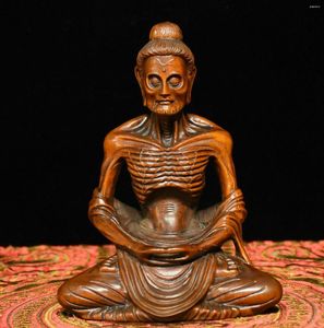 Figurine decorative Buddhismo cinese Boxwood in legno intagliato Skinny Arhat Monk Buddha Statue