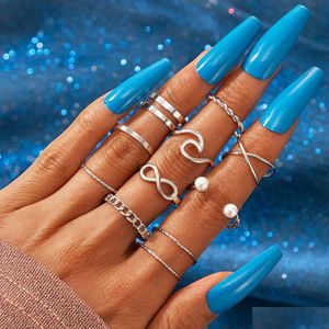 Band Rings 10Pcs Minimalist Thin Open Gold Classic Pearl Wave Cross Style Finger Ring Jewelry Gift For Women Drop Delivery Dhdko