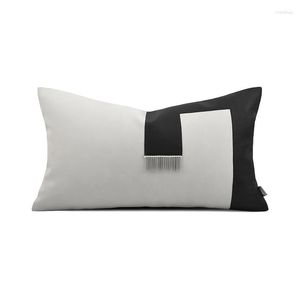 Pillow Light Luxury Simple Cover With Tassels Black Grey Textured Leather Stitching Sofa Living Room Rectangular