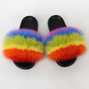 Slippers Real Fox Fur Slippers Women Fur Raccoon Fluffy Slippers Furry Summer Flat Sweet Ladies Shoes Large Fur Slides Free Shipping X230519