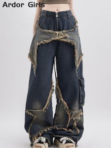 Dżinsowe dżinsowe dżinsowe spodnie damskie ulicy luźne obfite panelowe pentacle raw hem spodni vintage niebieski hip hop żeńskie spodnie dżinsowe 230814