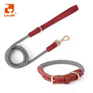 Hundkläder Loudik Luxury Rope Collar and Leash Set Justerbart veganskt läder med nylon Small Medium Large Pet Leads Walking Wholesale 230814