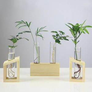 Vases Crystal Glass Test Tube Vase Hydroponic Plants Flower Bottle Container With Wood Frame Stand For Office Garden Home Decoration