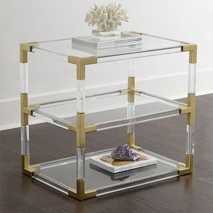Klarer Acryl-Tisch mit 3 Ebenen, Lucit-Couchtisch, Wohnzimmermöbel mit glänzender Messinghalterung