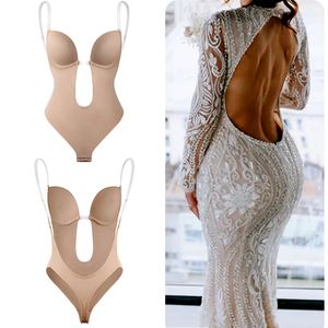 Women's Shapers Bodysuit Shapewear Deep V Full Body Shaper Backless U Plunge Thong Waist Trainer Women Dress Underwear Padded Bra Push Up Corset 230814