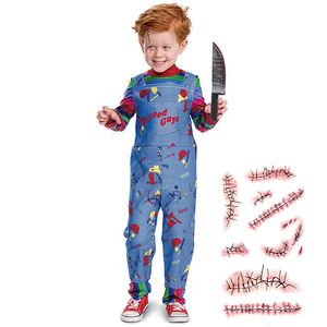 Specjalne okazje Dzieci Chucky Costume Toddler Film Bohaters Horror Halloween Spodnie Wyślij bliznę Tatuaż Naklejki Prezent 230814