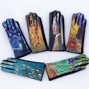 Five Fingers Gloves Fashion Oil Painting Suede Leather Print Touch Screen Full Finger Driving Mitten Women Winter Plus Velvet Warm Cycling Glove K96 230815