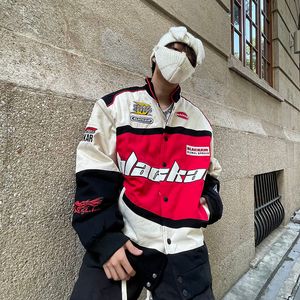 Herrjackor American Style Printing Letters Bomber Jacket Racing Suit Män våren Höst Löst par Streetwear Korean Fashion 230814