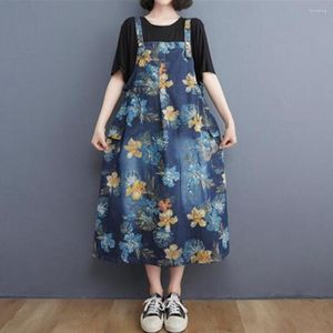 Lässige Kleider Frauen Denim Maxi Kleider Damen Blumendruck weibliche Spaghetti -Gurt Blaue Sommer -Vintage -Kleidung Jean