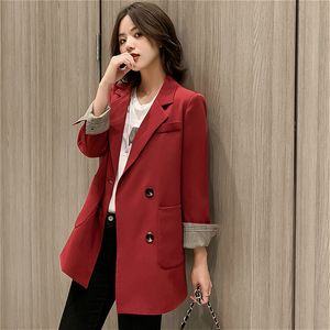 Feminino ternos blazers outono primavera vermelha mid lenght blazer mulher grande tamanho bege bege preto duplo big outono jaqueta feminina coreana 230815