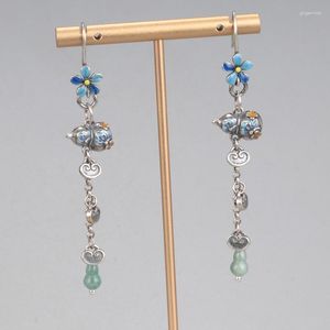 Dangle Küpeler S925 STERLING Gümüş Emaye Jade Kabak Tassel Retro Etnik Küçük Çiçek Ruyi Uzun Asma Kadın Mücevherleri