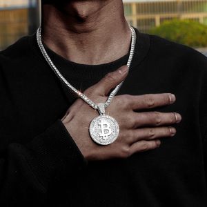 Pendanthalsband bitcoin Iced Out Pendant Full Match Bling 4mm Tennis Chain Halsband Choker Hip Hop Trendy Jewelry for Men and Women 230815