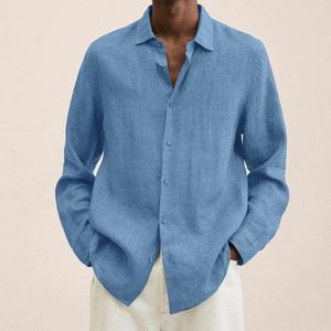 Erkekler Sıradan Gömlekler 2023 İlkbahar Yaz Nefes Alabilir Pamuk Keten Düz Renkler Dönüşü Aşağı Yaka Uzun Kollu Düğme gevşek bluz