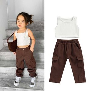 Conjuntos de roupas 2 pçs verão causal crianças meninas conjuntos de roupas 1-6y sólido sem mangas colete topos + calças de bolso de cintura alta