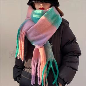 Scarves Mohair Color Matching Cashmere Tassel Shawl Lovers Neckband Rainbow Plaid Scarf Winter Warm Thickened Vintage Accessories 230815