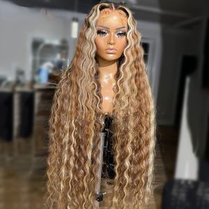 40 Inch Peruvian Hair Highlight Ombre Lace Front Wigs Honey Blonde Colored Deep Wave Frontal Wigs For Women Glueless Synthetic Wig