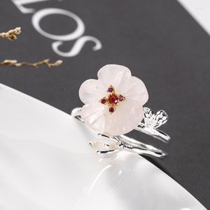 Cluster Rings S925 Pure Silver Inlaid Natural Powder Crystal Plum Blossom Fresh and Sweet Women's Opening Ring Wholesale