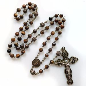 ペンダントネックレスYijia Catholic Chaplet Hand Made Christian Prayer Necklace Tiger Eye Stone Beads Cross Jewelry