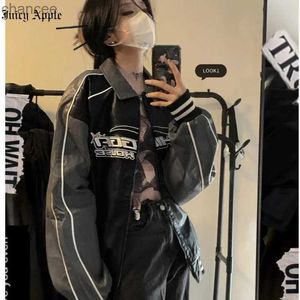 Juciy Apple Bomber Woman Varsity Jacket American Vintage Motorcykel Läderjacka Par Embroidered Color Matching Coat Met HKD230815