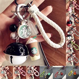 Keychains Lanyards Resin keychain Cute cartoon couple Simulated Coffee cup woven rope bell car key chain